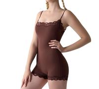 Spaghetti Strap Long Jumpsuit & Square Neck Short Romper Cami Bodysuit One Piece Lace Trim Shapewear for Women, 1a-coffee, S