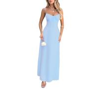 Spaghetti Strap Low Cut Bustier Off The Shoulder Dress, Sleeveless Corset Fit Midi Dress, Boho Style Elegant and Sexy A-line Dresses for Spring and Summer (Light Blue,M)