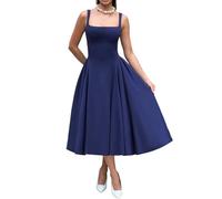 Spaghetti Strap Low Cut Bustier Off The Shoulder Dress, Sleeveless Corset Fit Midi Dress, Boho Summer Elegant Sexy A-Line Dresses (Blue,S)