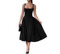 Spaghetti Strap Low Cut Bustier Off The Shoulder Dress, Sleeveless Corset Fit Midi Dress, Boho Summer Elegant Sexy A-Line Dresses (Black,M)
