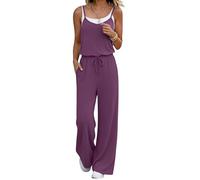 Spaghetti Strap Sleeveless Wide Leg Drawstring Jumpsuits with Side Pockets Elastic Knit All in One Jumpsuits Womens Petite Lightweight Everyday Wear Size S