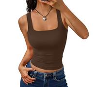 Spaghetti Strap Top Ladies T Shirts Racer Back Vest Tops UK Vest Summer Solid Square Neck Sleeveless Tank Tops Casual Boho Camisole Loose Fit Plain Tank Pleated Tops Flowy Blouse Blouses Coffee