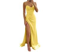 Spaghetti Straps Bridesmaid Dresses with Slit Women' Long Modest Mermaid Satin Corset Prom Dresses with Pleat Yellow UK6