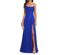 Spaghetti Straps Satin Bridesmaid Dresses Long for Women Formal Pleated Aline Corset Prom Dress with Slit Royal Blue UK12