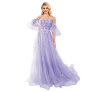 Spaghetti Straps Tulle Puffy Sleeve Prom Dresses Long Lace Applique Formal Evening Women's A Line Party Dresses Lavender M