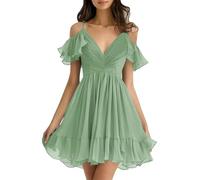 Spaghetti Straps V Neck Pleated Evening Party Gowns A-line Sleeveless Prom Dresses for Juniors YIAX233 Sage Green UK6