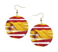 Spain Flag Round Leather Earrings Gold, Double-Side Printed Drop Dangle Jewelry for Women, for Festival Party Gift