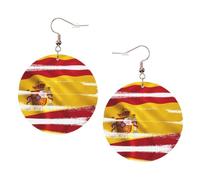 Spain Flag Round Leather Earrings KC Gold, Double-Side Printed Drop Dangle Jewelry for Women, for Festival Party Gift
