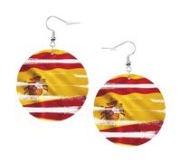 Spain Flag Round Leather Earrings White, Double-Side Printed Drop Dangle Jewelry for Women, for Festival Party Gift
