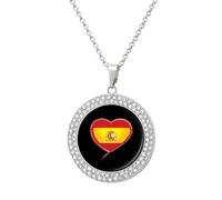 Spain Flag with Heart Fashion Women's Diamond Necklace Shiny Round Pendant Jewelry Romantic Gifts