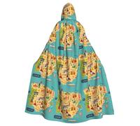 Spain Map With Icons Illustra Print Adults Hooded Cloak, Halloween Robe Hooded Cape Witch Wizard Cosplay Costumes For Men Women