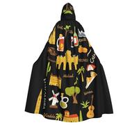Spain Travel Icons Artwork Print Adults Hooded Cloak, Halloween Robe Hooded Cape Witch Wizard Cosplay Costumes For Men Women