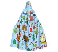 Spain Travel Icons Artwork Print Adults Hooded Cloak, Halloween Robe Hooded Cape Witch Wizard Cosplay Costumes For Men Women
