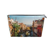 Spain Water City Printed Toiletry Bag for Women Girl Portable Travel Cosmetic Bag Leather Makeup Pouch Organizer with Silver Zipper