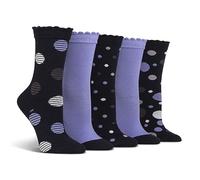 Spairs Ladies Socks, Cotton Blend, Stripe & Spotty Designs, Soft, Breathable, Comfortable, Crew Length, Value Multipack of 5 Pairs, Size 4-8 Spotty Denim/Violet