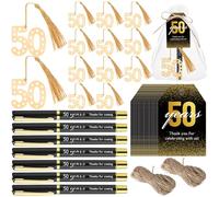 Spakon 50 Set 50th Birthday Souvenirs for Guest Anniversary Party Favor Golden Bookmark Thanks for Coming Pen with Tags
