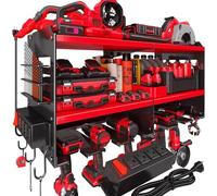 Spampur Power Tool Organizer Wall Mount with 4-Outlet Power Strip, Heavy Duty Metal Storage Rack for Garage, Holds 6 Drills & Batteries - Ideal Christmas Gifts for Men, Dad, Husband from Wife