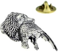 Spaniel Carrying Pheasant Pewter Lapel Pin Badge with Gift Pouch, Silver-tone, Cocker Springer Dog Shooting, Gift Pouch Included