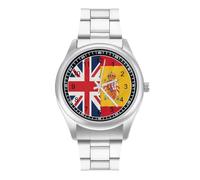 Spanish and British Flags Men's Business Watches Classic Stainless Steel Strap Wrist Watch for Boyfriend Father Gift