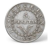 Spanish Antique Coin, ES Old Coins for Collectors, Spain Ancient Escudo Gold Coins Collection, Columnario Pillar Dollars Silver Coin Set, European Souvenirs (1813-Barcelona 5 Pesetas)