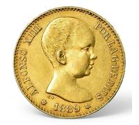 Spanish Antique Coin, ES Old Coins for Collectors, Spain Ancient Escudo Gold Coins Collection, Columnario Pillar Dollars Silver Coin Set, European Souvenirs (1889 Alfonso XIII 20 Pesetas)