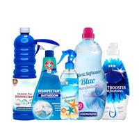Spanish Cleaning Products Blue Bundle | Air Freshener Breeze Spray 400ml, Disinfectant Bathroom Spray 720ml, Floor & Surface Cleaner 1L, Fabric Softener 60 Wash & Scent Booster 36 Wash