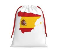 Spanish Flag Map Print Christmas Drawstring Gift Bags, Xmas Holiday Fabric Gift Wrapping Bag For Party, Size-L