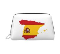 Spanish Flag Map Print Leather Cosmetic Pouch, Leather Makeup Bag for Purse with Top Zip Closure Stylish Toiletry Bag