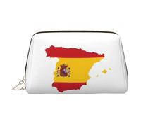 Spanish Flag Map Print Leather Cosmetic Pouch, Leather Makeup Bag for Purse with Top Zip Closure Stylish Toiletry Bag