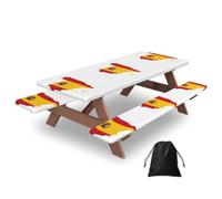 Spanish Flag Map Print Waterproof Picnic Table Cover With Bench Cover Set Of 3 Elastic Edge Durable Outdoor Tablecloth