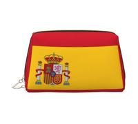 Spanish Flag Print Leather Cosmetic Pouch, Leather Makeup Bag for Purse with Top Zip Closure Stylish Toiletry Bag