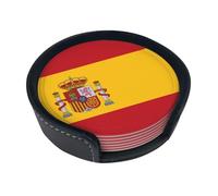 Spanish flag Round leather coasters (set of 6) Delicate and soft table decorations, suitable for coffee cups, mugs, etc.