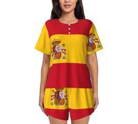 Spanish Flag Women'S Lounge Pajamas, Comfy Short Sleeve Sleepwear Sets With Button Down Top And Pocket, Black, 4XL