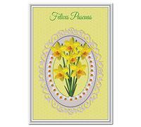 Spanish Happy Easter Card - Felices Pascuas - Special Spring Greeting Cards - Non-Religious - Friends Family - Best Good Wishes - Springtime Greeting - Unusual Unique - Simple Daffodils theme
