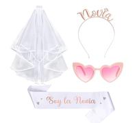 Spanish JGA Accessories Women Set of 4 Bride to Be Sash and Veil, Rose Gold Headband, Pink Heart-Shaped Glasses, Bride Hen Party Accessories, Hen Party Decoration Women