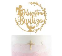 Spanish Nuestro Bautizo Cake Topper, First Holy Communion, My Baptism, Baby Shower/Wedding/Baby's 1st Birthday Party Decorations Gold Glitter