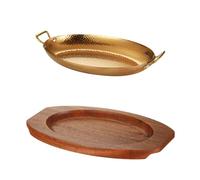 Spanish paella pan, stainless steel double ear , with wooden coaster | Flat base heat resistant for induction, gas and oven(Gold,30 cm)