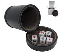 Spanish Poker Dice Set 16mm Dot K Q J 8 7 w/Pouch & PU Leather Dice Cup w/Lid - Modern White Dice, Dark Grey Lining Cup