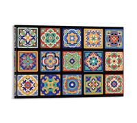 Spanish Tile Wall Art Print Set Colorful Mediterranean Pattern Poster for Kitchen Bathroom Or Dining Room Decor Boho Decorative Tiles Artwork Home Gallery Wall Accent Gift 16x24inch(40x60cm) Framed