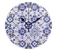 Spanish Tiles Round Wall Clock Non-Ticking Electronic Wall Clock Easy To Read Quartz Clocks For Dining Room Bedroom Office 25Cm