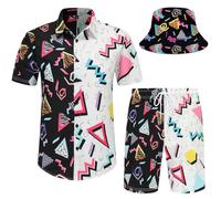 Spanoous Mens Hawaiian Shirts and Shorts Set Funny Hawaiian Shirts for Men Beach Outfits Sets with Bucket Hats, Color-12, Large