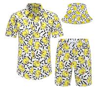 Spanoous Mens Hawaiian Shirts and Shorts Set Funny Hawaiian Shirts for Men Beach Outfits Sets with Bucket Hats, Color-07, 3XL