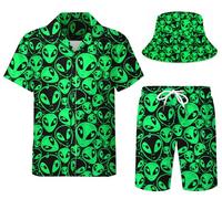 Spanoous Rave outfits men Shirt Sets Mens Hawaiian Shirts and Shorts Funny Hawaiian Shirts for Men Beach Outfits with Bucket Hats 19-XL, X-Large, Green