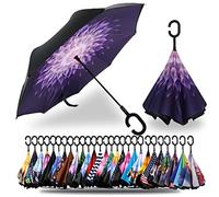 Spar. Saa Double Layer Inverted Umbrella with C-Shaped Handle, Anti-UV Waterproof Windproof Straight Umbrella for Car Rain Outdoor Use (Purple Dahlia)