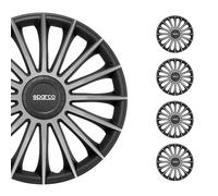 Sparco Set of 4 hubcaps 15’. Model Treviso Black/Silver. Sporty design for your car rims. Strong and durable construction.