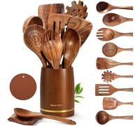 Spardar 12 PCS Wooden Utensil Set, Natural Teak, with 9 Wooden Utensils