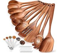 Spardar Teak Wooden Spoons for Cooking, 10PCS Cooking Utensils Set Include Slotted Spoon, Spatula, Salad Spoon, etc, with 6 Full Measuring Spoon Set, 10 Hooks, Suitable for The Kitchen Dining Room