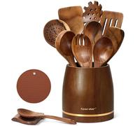 Spardar Wooden Kitchen Utensils, 12-Piece Set of Wooden Spoons with 9 Teak Cooking Spoons, Spoon Rest, 5.7-inch Utensil Holder and Pot Holder as Kitchen Decoration and Housewarming Gift