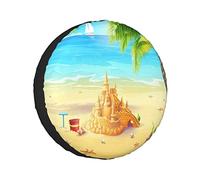 Spare Tire Cover Beach Illustration Of The Sea Shore Palm Trees Seashells And Sandcastle Wheel Protectors Weatherproof Wheel Covers Universal Fit for Trailer RV SUV Truck Camper Travel Accessories 14"