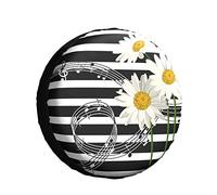 Spare Tire Cover Music Notes and Beautiful Daisies On White Black Stripe Confetti Field Wheel Protectors Waterproof Universal Tire Covers for FJ,Trailer,RV,SUV,Truck 17 inch